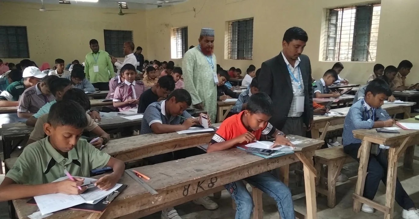 পরীক্ষা কেন্দ্রে মনোযোগ দিয়ে কিশোরকণ্ঠ মেধাবৃত্তি পরীক্ষা দিচ্ছে শিক্ষার্থীরা এবং কক্ষ পরিদর্শকের নজরদারি